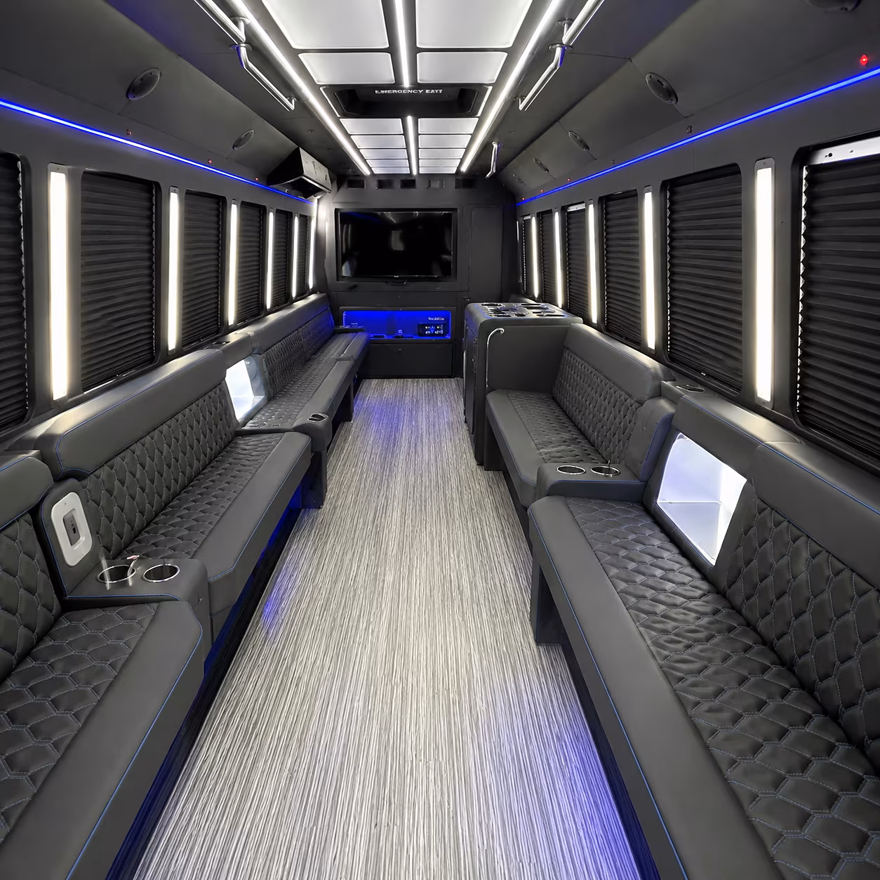 Interior of a party bus rental serving Jacksonville